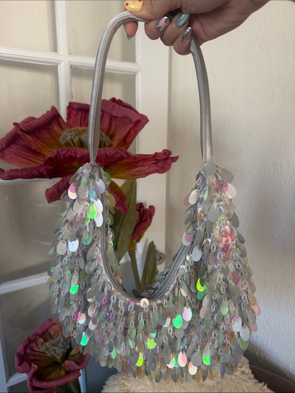 Silver Sequin Shoulder Bag with Holographic Details
